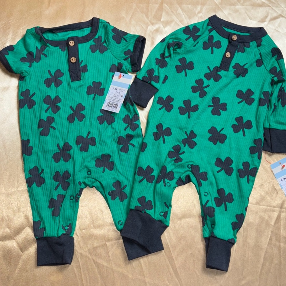 New‎ 2 Cat & Jack Baby Sz 0-3m Short/Long Sleeve One Piece Romper Shamrock Gree